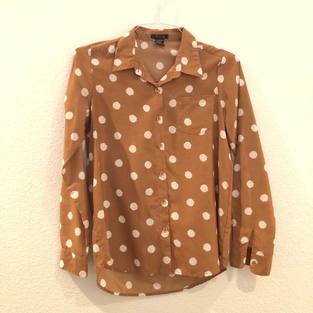 Brown and white polka dot long sleeve top